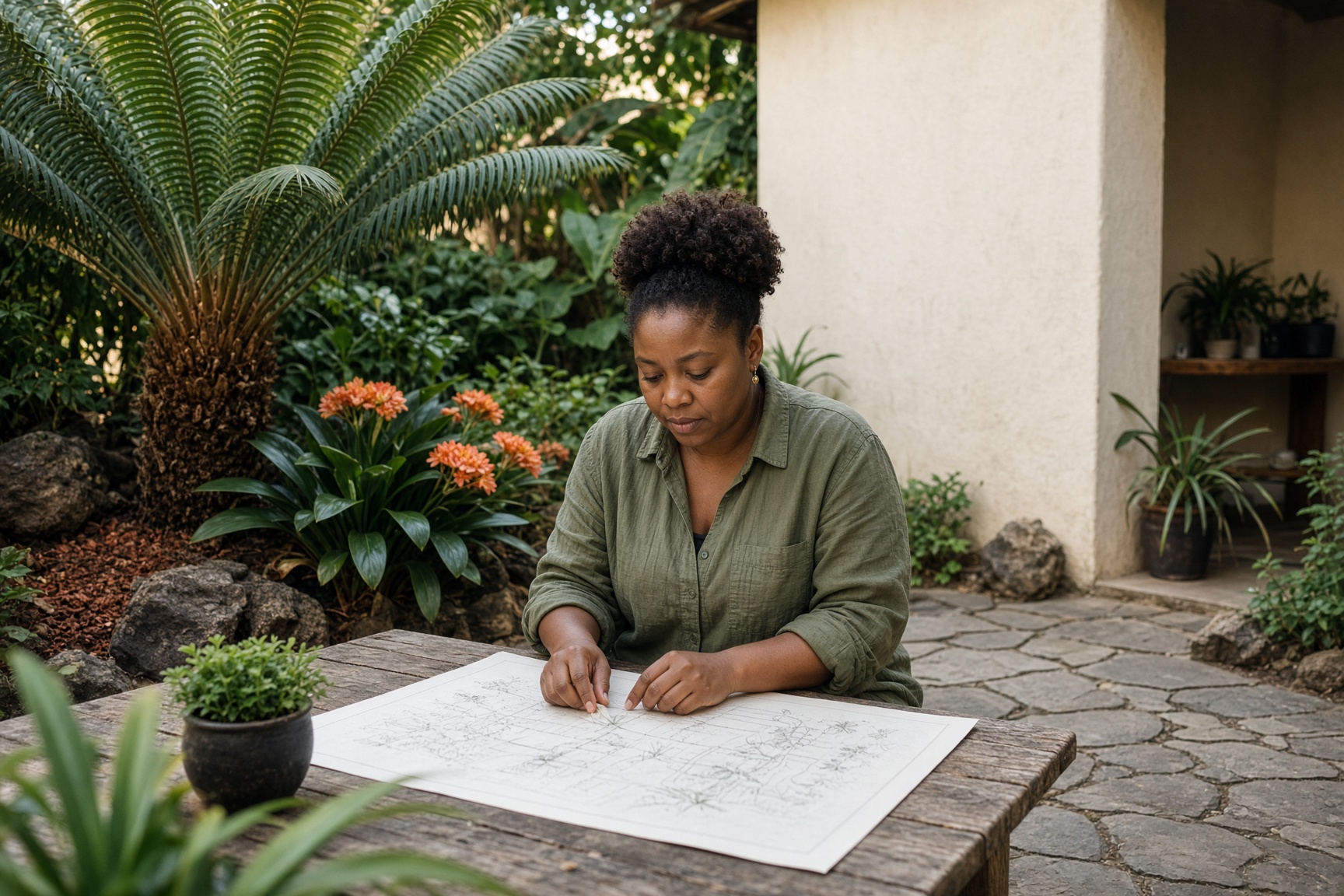 Designer reviewing a planting bed in the studio courtyard